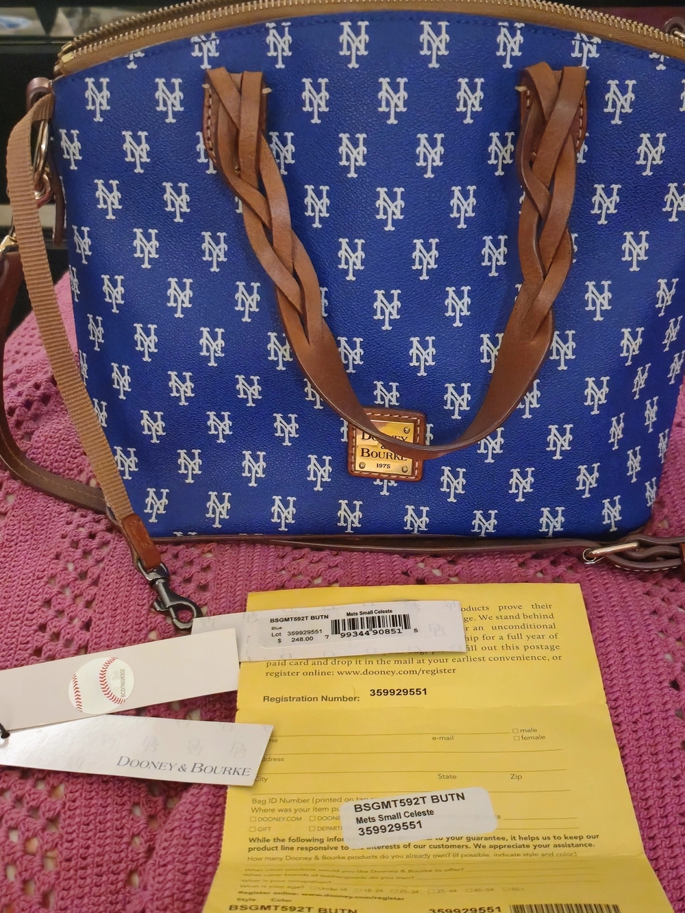 Dooney & Bourke Blue Logo Tote with Brown Braided Leather Handles